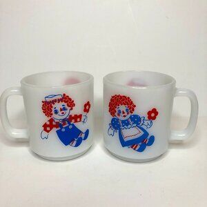 Vintage Glasbake Raggedy Ann & Andy Milk Glass Mugs - Set of 2